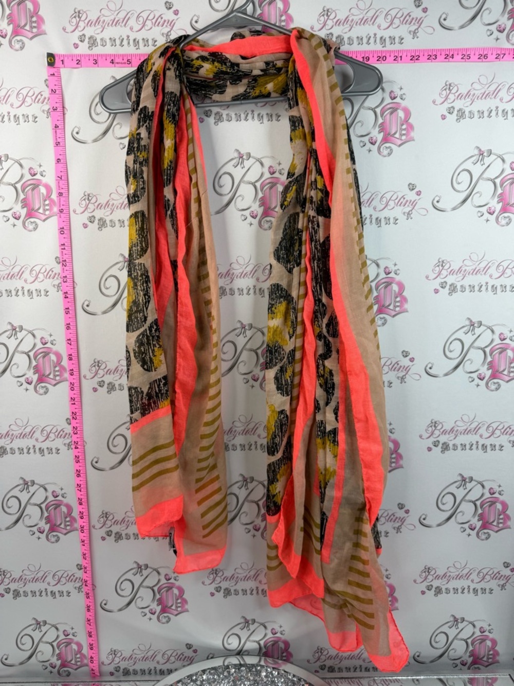 DKNY scarf scarve wrap bright orange Neon Coral and Beige Floral Stripe Scarf